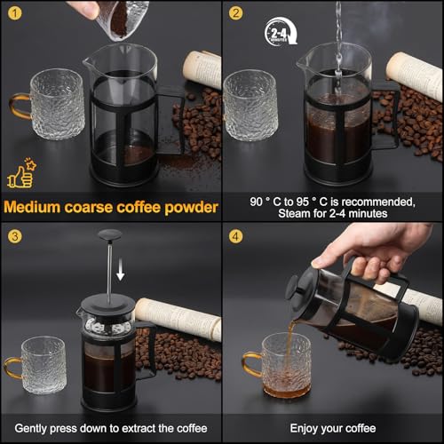 Chiallco Mini French Press Coffee Maker - 12oz Borosilicate Glass