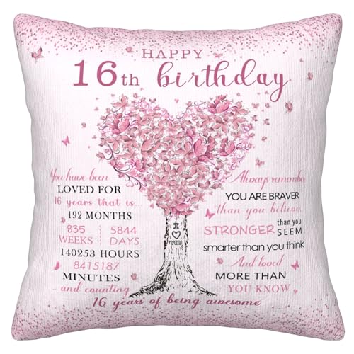 Sweet 16 Birthday Pillow Cover - Pink Heart Tree Design, 18x18