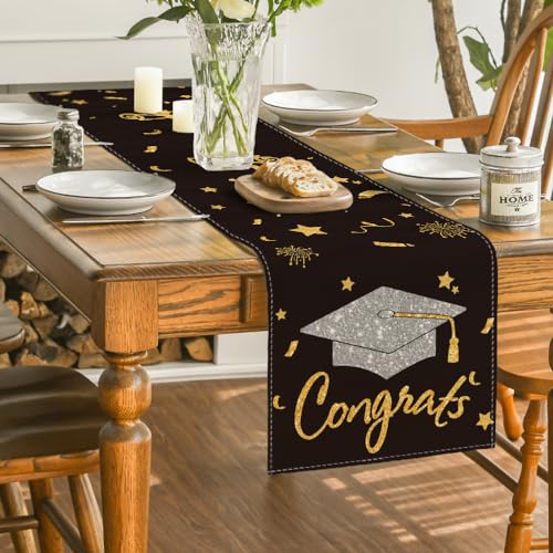 13x48 Inch Graduation Table Runner Black Diploma Cap Decor