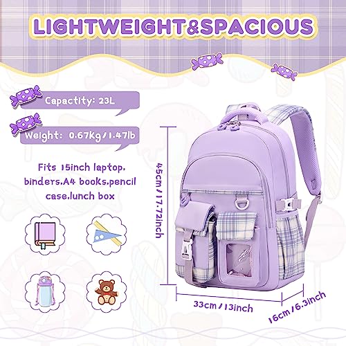 Kawaii Girls School Backpack with Luggage Strap - Purple, Lightweight