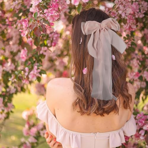 Firopia Pink Silk Hair Bow with Long Ribbons and Beads