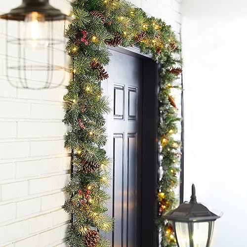 9ft Prelit Christmas Garland with Lights & Timer - Glittered Greenery with Pine Cones & Berries