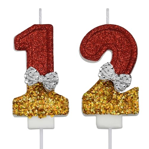 12th Birthday Candles Set - Smokeless Red & Gold Glitter Cake Toppers