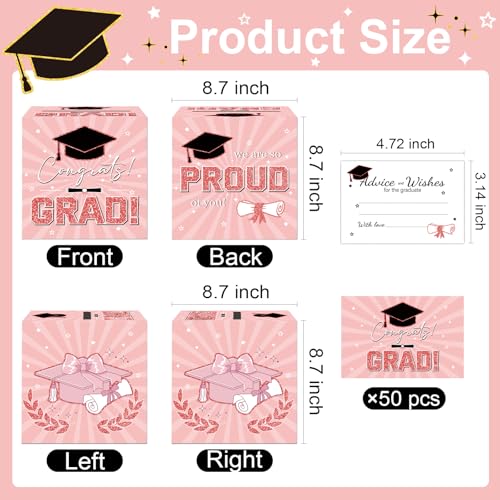 2026 Graduation Card Box with 50 Advice Cards - Pink & Rose Gold