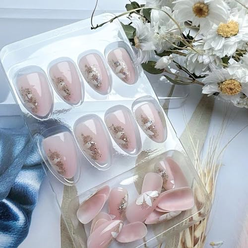 Glitter Pink Press On Nails with Flower Designs Short French Tip False Nails