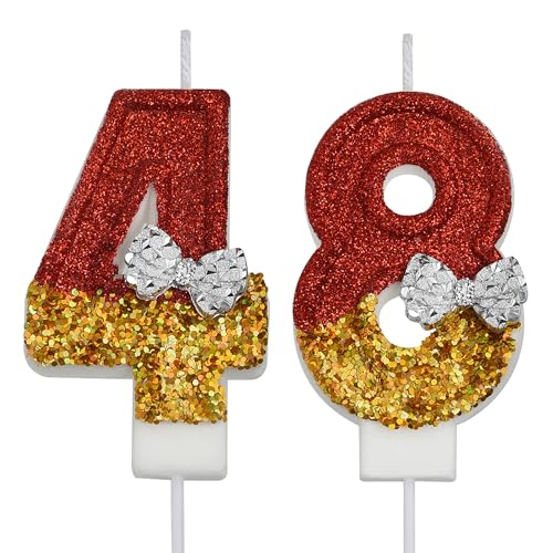 VSHILI Number 48 and 84 Birthday Cake Candles Red Gold Glitter Bow