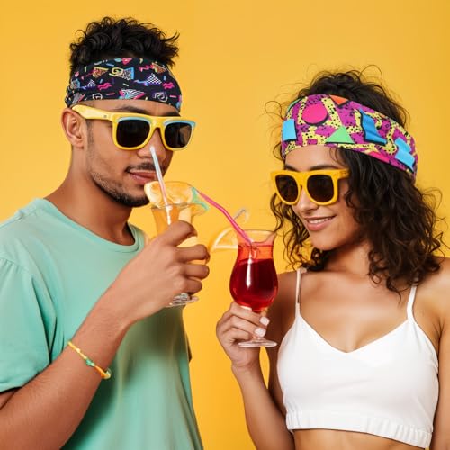 4 Pack 80s 90s Neon Vintage Headbands, Retro Soft Sport Sweatbands 90s Outfit Accessories for Women Men, Fashion Workout Hairband for Hip Hop Party Style Hiking Cycling Running