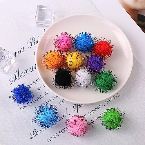 200 Glitter Tinsel Pom Poms - 10mm Sparkle Balls for Christmas Decor