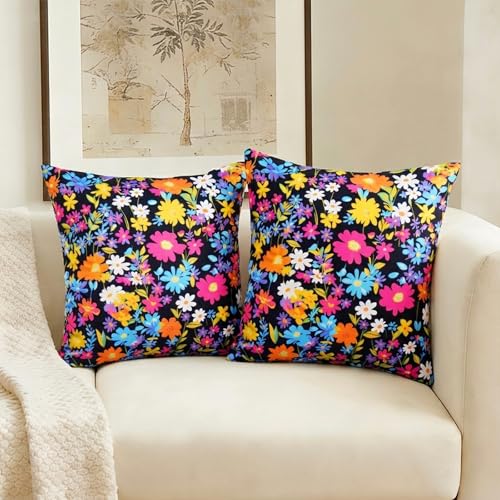 ONWAY Black Outdoor Floral Pillow Covers 18x18 Inch Waterproof Set of 2
