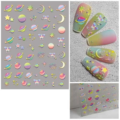 IDDFEVE 5D Embossed Space Nail Art Stickers Galaxy Planet Decals 2 Sheets