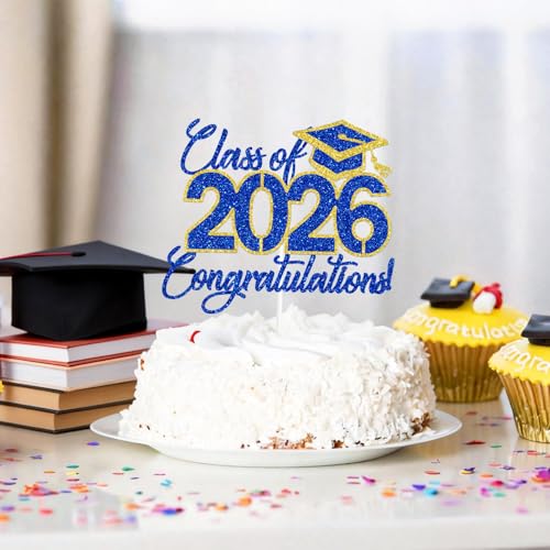 Class of 2026 Graduation Cake Topper - Blue & Gold Glitter Decor
