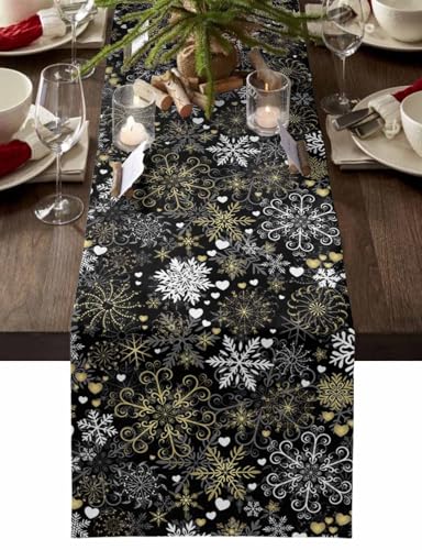 Black Christmas Snowflake Table Runner 13x72 Inches Cotton Linen Holiday Decor - Black