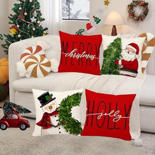 Christmas Pillow Covers Set of 4 - 18x18 Inch Santa & Tree Designs