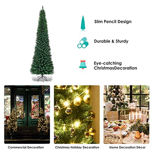 9ft Artificial Pencil Christmas Tree - Premium Hinged Pine with Solid Metal Legs - Green