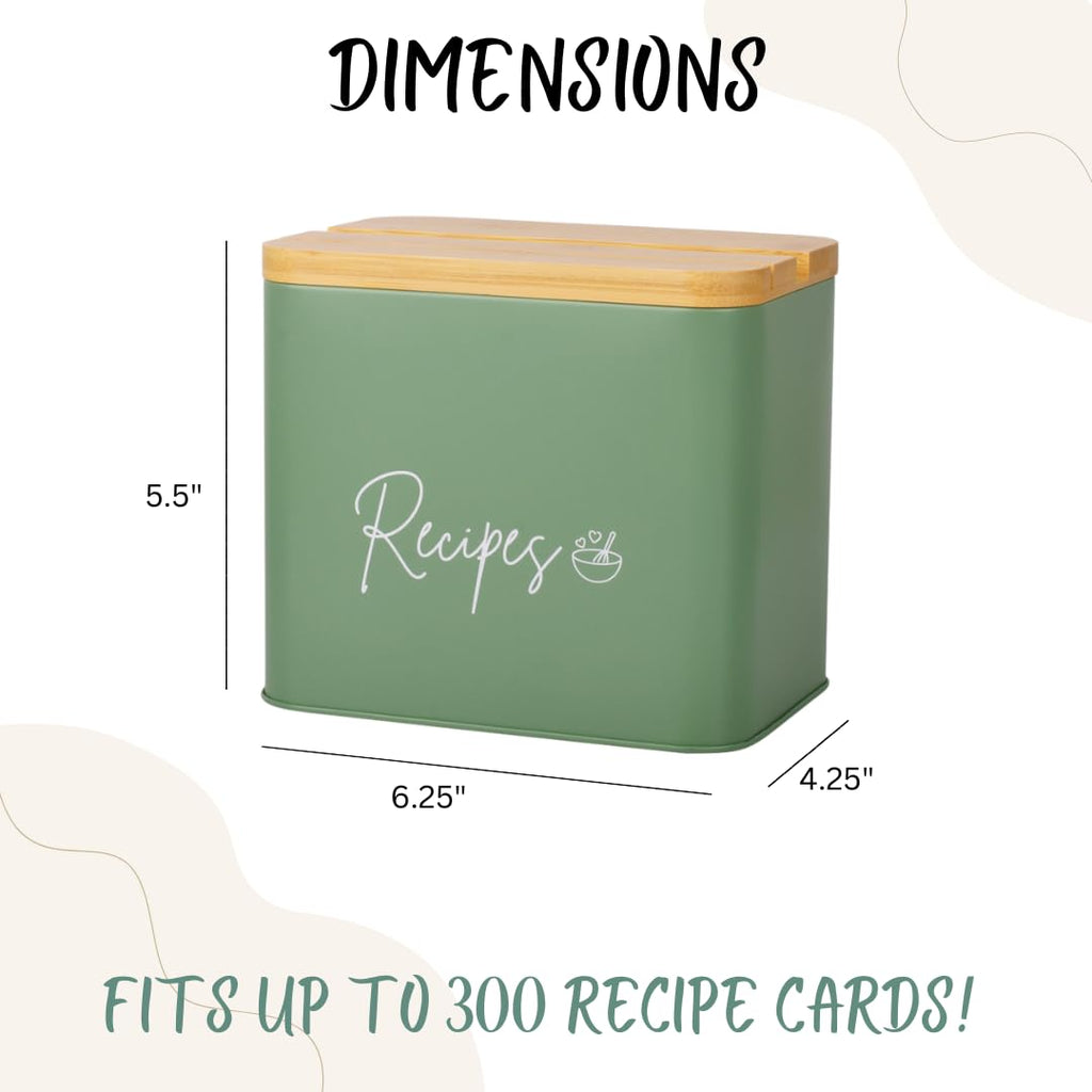 Sage Green Recipe Organizer with Wooden Lid - Set Includes 12 Dividers & 30 Blank 4 x 6" Recipe Cards