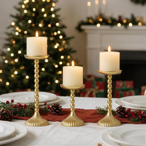 Vintage Gold Cast Iron Pillar Candle Holder Set - 3 Piece, Graduated Heights