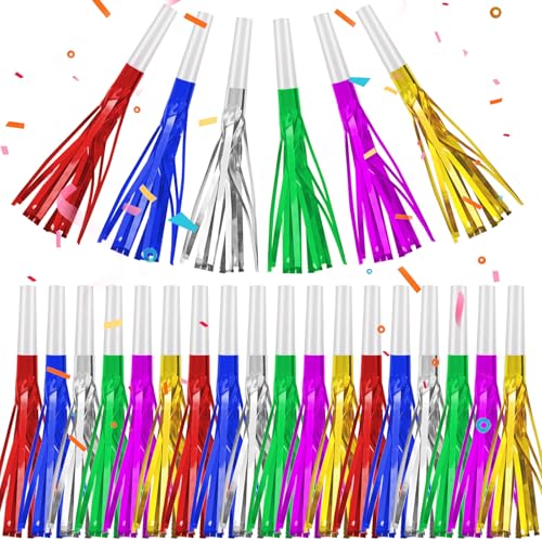 24 Pack Metallic Fringe Party Blowers - Colorful Noise Makers for Kids