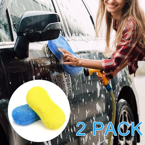 Tanlade 2 Pcs Large Car Wash Sponge Set - Blue & Yellow Microfiber