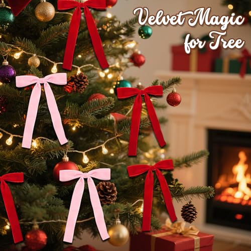 Red and Pink Velvet Christmas Tree Bows - 18 Pack Holiday Decorations, 5x7 Inches, Reusable Velvet Ribbon Bows - Variation: Red/Pink