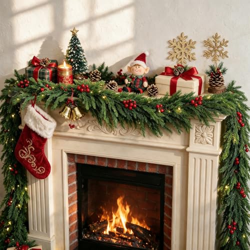 Christmas Garland with Lights 6FT Red Berries & Pine - Double Variation