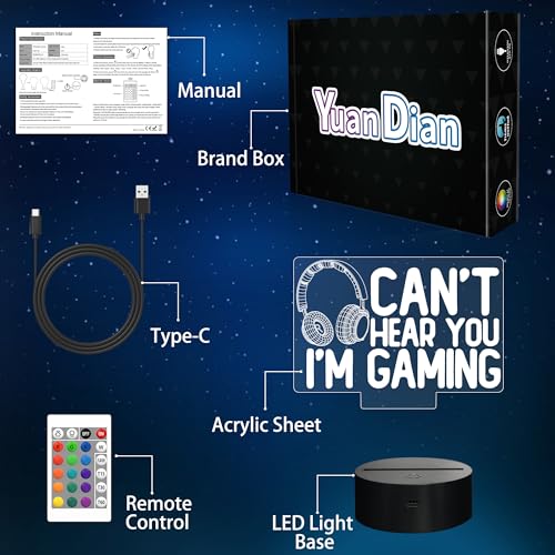 YuanDian Can't Hear You I'm Gaming Night Light, Headset Graphic Video Games Gamer Gift Funny 3D Illusion Lamp 16 Colors Changing Touch & Remote Control for Men Gamers Teenagers and Kids