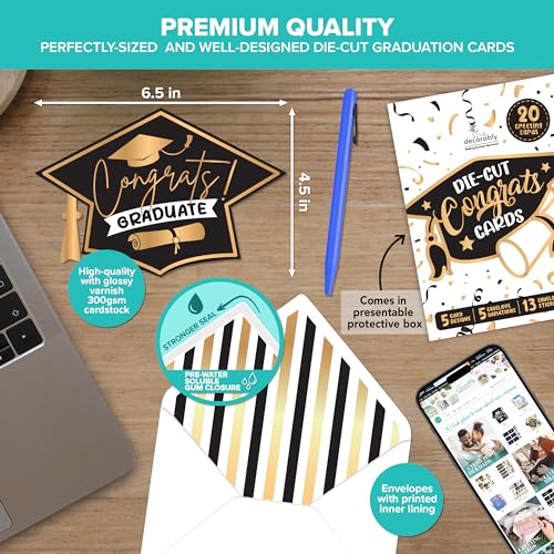 Graduation Card Set 20 Pack | 6.5x4.5in with Gold Foil & Glitter Designs