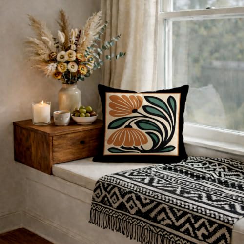 Boho Burnt Orange & Green Floral Pillow Cover 18x18 - White Flower 3