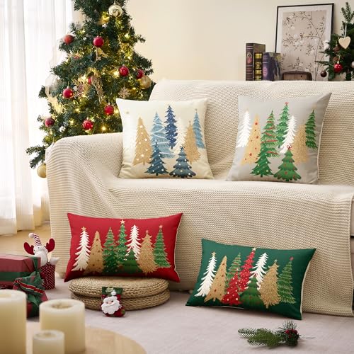 Christmas Pillow Covers Set of 2 18x18 Inches Green Tree Holiday Decor Linen