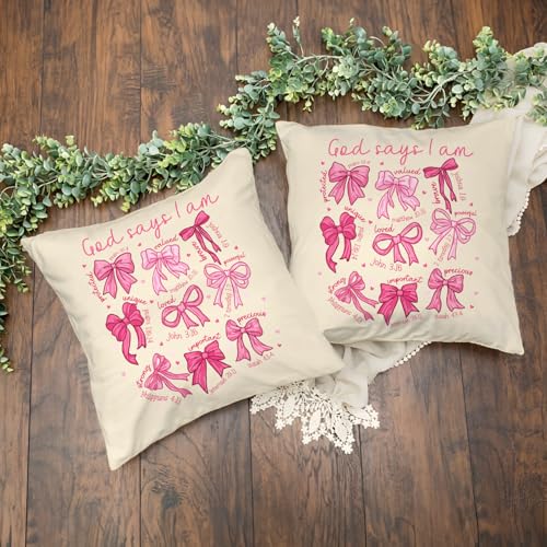 God Says I Am Pillow Cover 18x18 – Cute Pink Christian Cushion