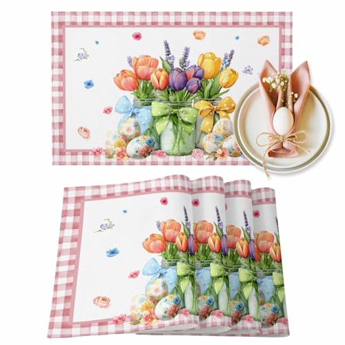 TINALIN Easter Placemats Set of 6 Spring Floral Tulips Cotton Linen
