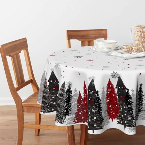 Horaldaily Christmas Tablecloth 90x90 Inch Round with Christmas Trees in Red & Black - Holiday Decor