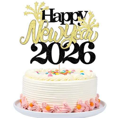 Happy New Year 2026 Cake Topper with Glitter Stars - Party Decor