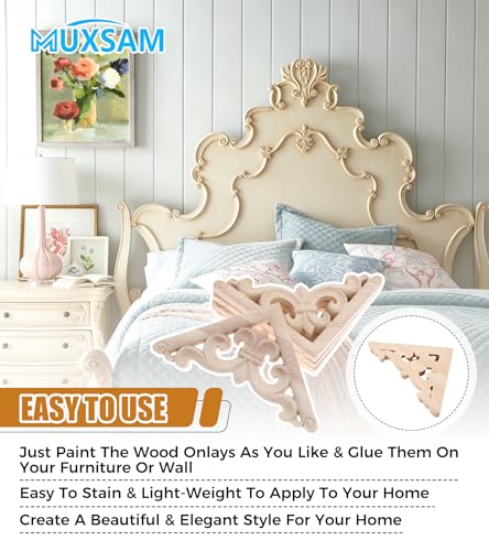 MUXSAM 4Pcs Wood Carved Appliques Onlays - Unpainted Wooden Corner Decals for Furniture, Cabinets, and Walls (8x8cm)