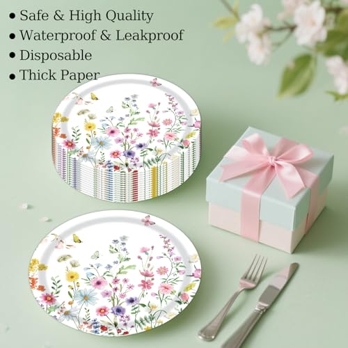 Wildflower Disposable Dessert Plates Set - 50pcs 7 Inch Floral Plates for Parties