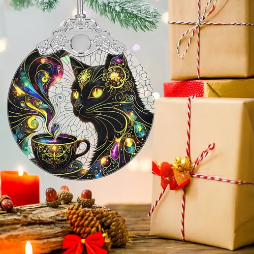 Black Cat Christmas Ornament Stained Glass Holiday Decor - Jocidea