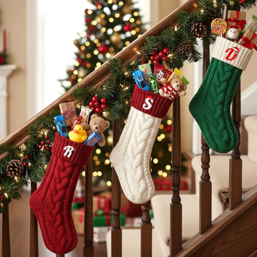Large 18'' Christmas Stocking with Initial G - White/Red Knit Monogram Stocking