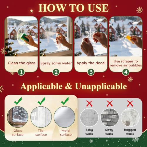 Christmas Village Window Clings - Snowy Holiday Scene, Large 27.6 x 15.8 Inches, Reusable Snowy Village Decal - Variation of Christmas Village