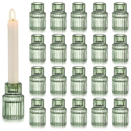 Green Glass Taper Candle Holders Set of 20 - Vintage Ribbed Design
