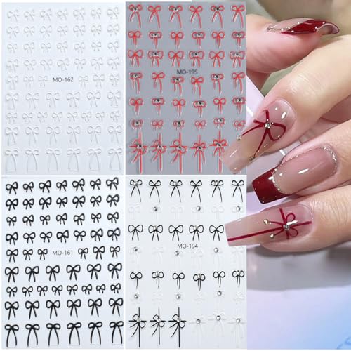 3D French Bow Nail Art Stickers - Self-Adhesive Red White & Black Bow Decals (4 Sheets)