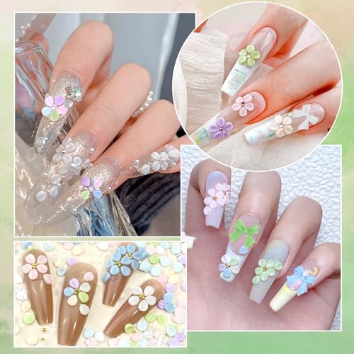 Tatiwoo 300 Pcs 3D Flower and Bow Nail Charms with Pearls and Beads