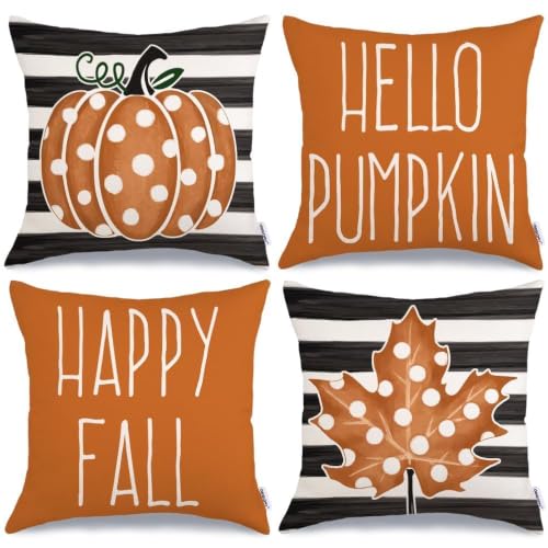 GEEORY 18x18 Fall Pumpkin Striped Pillow Covers - Set of 4