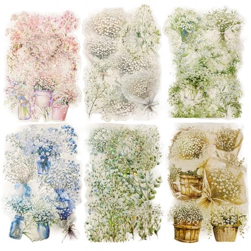 TIAMECH Starry Gypsophila Flower PET Stickers 60 Pcs Waterproof Junk Journal