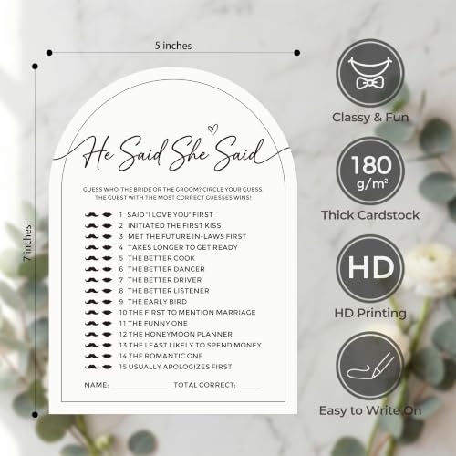 He Said She Said Bridal Shower Games - Arch Shape Cards (50 Pack)