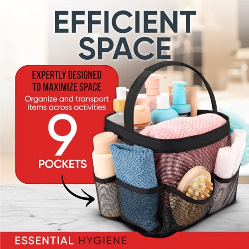 Masirs 9-Pocket Mesh Shower Caddy Tote - Portable Bathroom Organizer (Black)