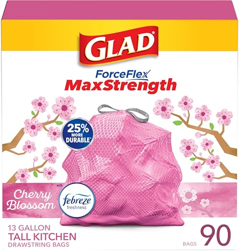 Glad ForceFlex MaxStrength 13 Gallon Tall Kitchen Trash Bags - Cherry Blossom Scented, 90 Count