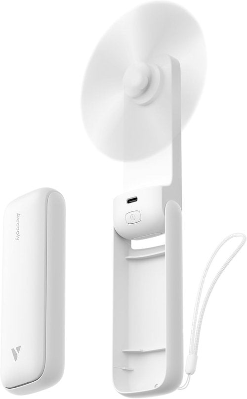 Aecooly Slim Portable Fan - USB Rechargeable Mini Handheld Fan | 24-Hour Max Cooling Time - White