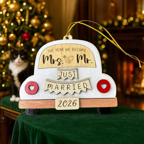 2026 First Christmas Married Ornament - Rustic Laser-Engraved Wedding Gift