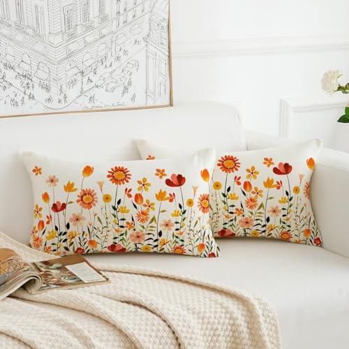 Fall Flowers Lumbar Throw Pillow Covers 12x20 Inch - Set of 2 Farmhouse