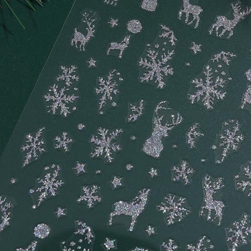 Glitter Christmas Nail Stickers Winter Silver Snowflake Elk Decals 5 Sheets