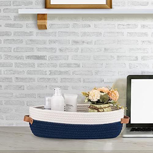 Skiennix Woven Toilet Storage Basket - Farmhouse Decor for Organizing | 13"x5.9"x4" Navy Stitching
